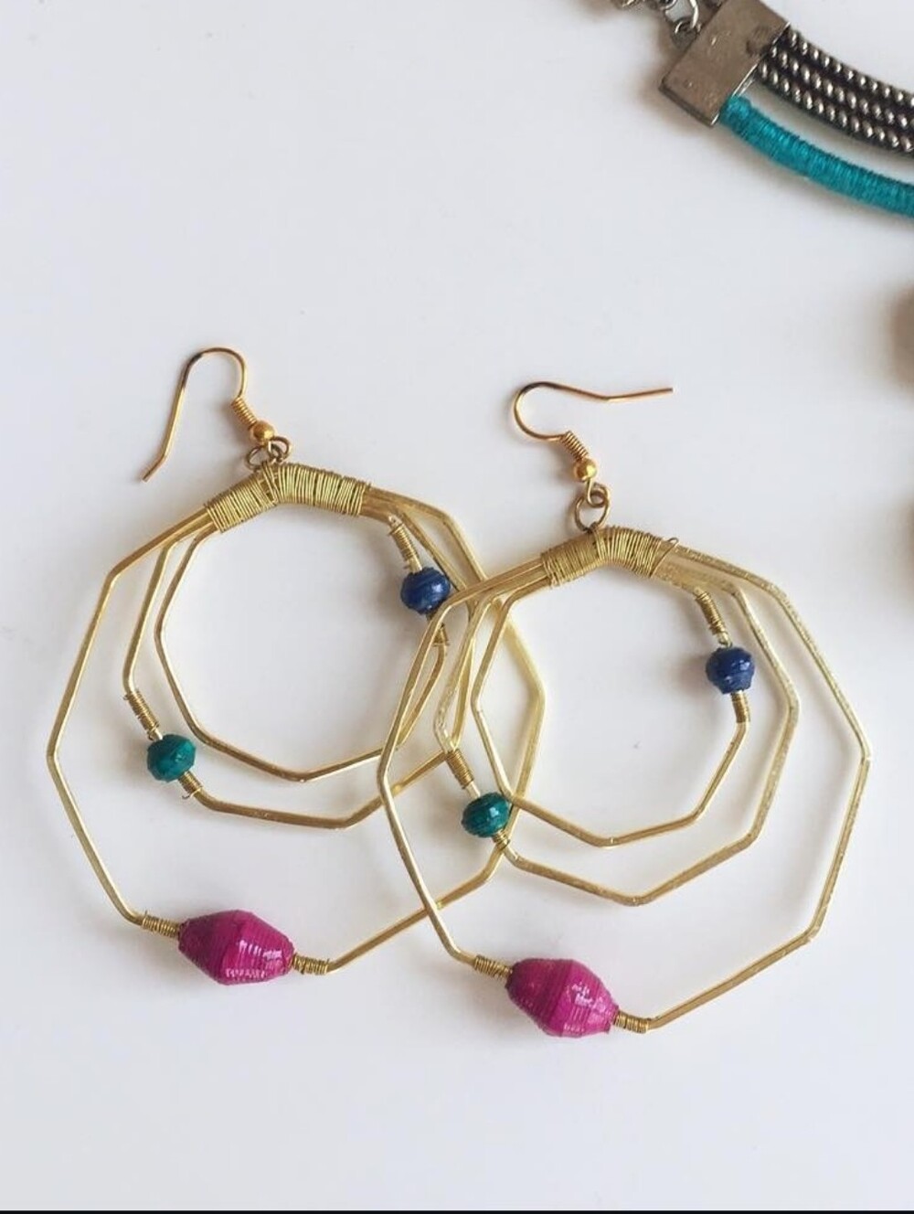 Vintage Noonday Collection Gold Geometric Hoop Earrings with Pink and Blue Beads